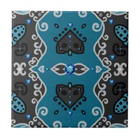 Teal and Grey Vintage Damask Rhinestones Pattern Ceramic Tile