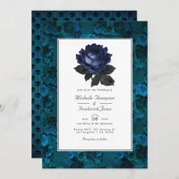 Black and Blue Gothic Floral QR Code RSVP Wedding Invitation