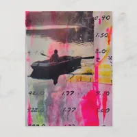 A Vintage Boat Pink Yellow Mixed Media Collage Postcard