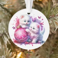 Cute White Kittens Playing with Pink Christmas Ornament