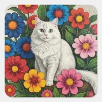 Fluffy White Cat and Folk Art Flowers Square Sticker