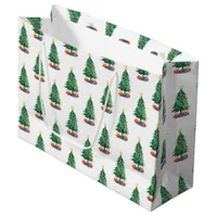 Watercolor Style Christmas Trees and Gifts Pattern Large Gift Bag
