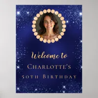Birthday navy blue gold photo diamonds welcome poster