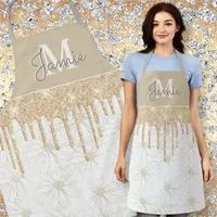 Monogram Metallic Pearl Daisy & Gold Glitter Drips Apron