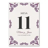 Talavera Purple Floral Minimalist Spanish Wedding Table Number