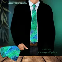 Modern Aqua Green Marble Swirl Art Pattern Neck Tie