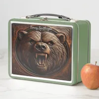 Embossed Wilderness: Roaring Grizzly in Leather Metal Lunch Box