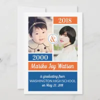 Orange Blue School Colors Then and Now Graduation Invitation