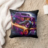 Classic hot rod racing through a moonlit   throw pillow