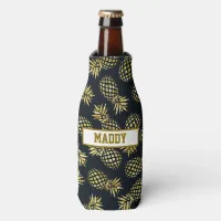 Navy Blue Gold Pineapple Pattern Monogram Bottle Cooler