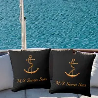Black gold yacht boat anchor name coastal outdoor pillow