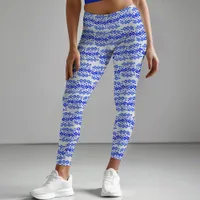 Bold Blue White Batik Circle Block Print Abstract Leggings