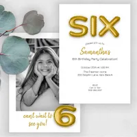 Gold Balloon Sixth Birthday Photo Invite