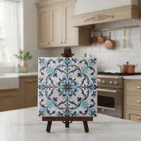 Mediterranean Blue Teal Antique Damask Flourish Ceramic Tile