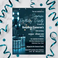  Sparkling Blue Glam 50th Surprise Birthday Party Invitation