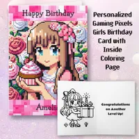 Pixel Art Girl's Pink Birthday Party | Color Page Card