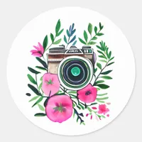 Vintage Flowers and Retro Camera Personalized Classic Round Sticker