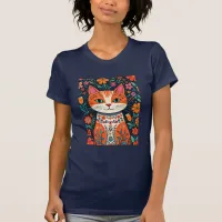 Whimsical Folk Art Cat and Flowers T-Shirt