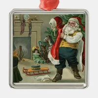 Vintage Santa Putting On His Suit Metal Ornament