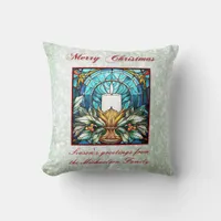 Stained Glass Christmas Candle Holly Green Glitter Throw Pillow