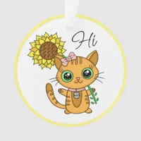 Personalized Hi and Hugs | Cute Cat with Sunflower Ornament