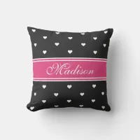 Hot Pink and Black Personalized Name Tiny Hearts Throw Pillow