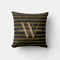 Grungish Gold Glitter and black stripes Monogram Throw Pillow