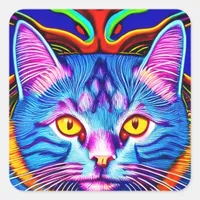 Cute Blue Cat with Yellow Eyes Ai Art Square Sticker