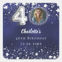 40th birthday navy blue silver stars photo square sticker