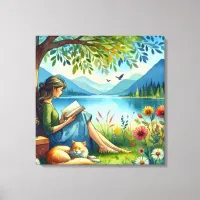 Girl Reading a Book under a Tree with a Sleepy Cat Canvas Print