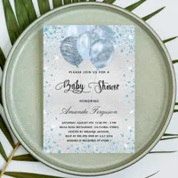 Baby shower silver blue glitter dust balloons invitation