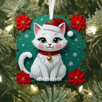 Cat in Santa Hat Poinsettias Festive Christmas  Metal Ornament