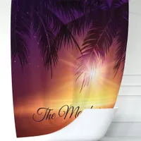 Tropical Palm Trees Purple Sunset Family Monogram Shower Curtain