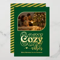 Emerald & Gold Cozy Vibes Retro Christmas Photo Foil Holiday Card