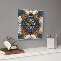 Intricate Floral Design in Blue and Gold Square Wall Clock