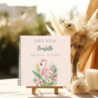 Guest book baby shower pink flamingo girl