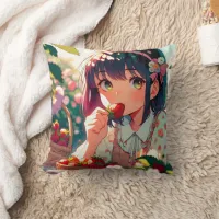 Cute Anime Girl Eating Strawberries   Throw Pillow