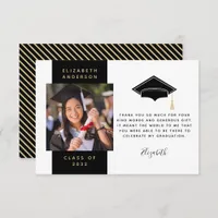Black Gold Photo Graduation Cap Thank You Card