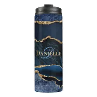 Stylish Monogram Navy Blue Gold Agate Geode Thermal Tumbler