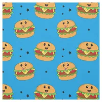 Cute Kawaii Cheeseburger Pattern on Blue Fabric