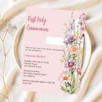 Pink florals cross girl First Communion Invitation