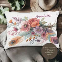 Coral Feathers and Flowers Accent Pillow