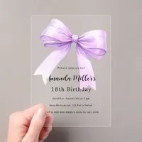 Lavender bow elegant clear birthday acrylic invitations