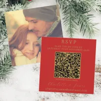 Elegant Script Photo QR Gold And Red RSVP Enclosure Card