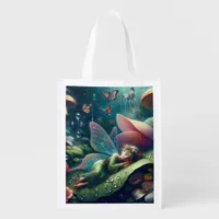 Fairy Sleeping on a Raindrop Leaf | Enchanted Art Grocery Bag