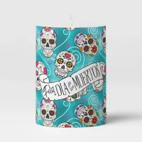 Sugar Skulls and Swirls Rose Turquoise ID725 Pillar Candle