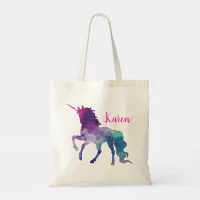 Personalize Watercolor Purple Blue Magical Unicorn Tote Bag