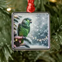 Cute Amazon Parrot on a Winter Branch Metal Ornament