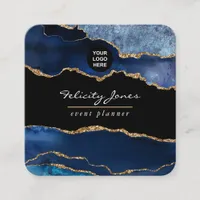 Navy and Gold Agate Precious stone Square Square Business Card