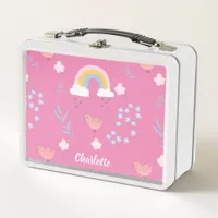 Pretty Pink Rainbow Bird Girly School Metal Lunch Box